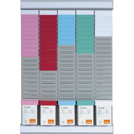 Nobo Kit Planificador Semanal de Pared para Tarjetas T, 5 Columnas y 24 Ranuras Tamaño 2, Incluye Tarjetas T en Diferentes