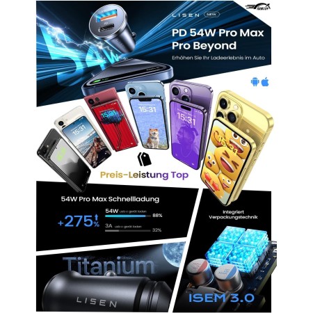 LISEN Cargador Coche Carga Rapida 69W Cargador Mechero USB C - Accesorios Coche Interior Cargador Móvil Coche Toma Mechero 12V