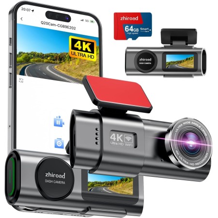 Dash CAM Coche, 4K Dashcam con Tarjeta 64G, Camara Vigilancia Coche Desmontable, Cámara Coche Grabadora, Super Visión, WiFi &
