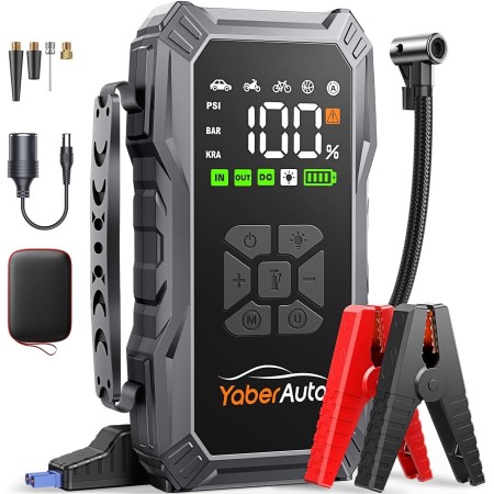 Arrancador de Baterias de Coche con Compresor de Air, 5500A YaberAuto Arrancador de Coche Portatil (Todo Gas/10,0L Diesel) con
