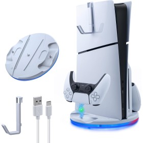 Mcbazel Soporte Vertical PS5 Slim con Luz Ambiental LED, Base de Carga Rápida para Dos Controladores con Accesorios Gancho