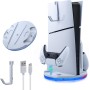 Mcbazel Soporte Vertical PS5 Slim con Luz Ambiental LED, Base de Carga Rápida para Dos Controladores con Accesorios Gancho