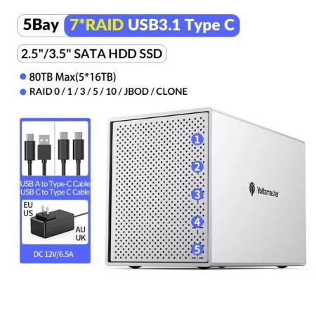Yottamaster Caja de disco duro externo de aluminio RAID de 5 bahías pa