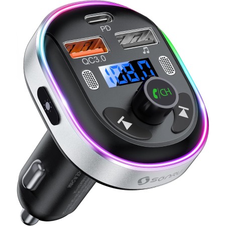 SONRU Transmisor FM Bluetooth 5.3 para Coche, Manos Libres Inalámbrico Reproductor MP3 Coche, QC3.0&PD 30W Tipo C Carga Rápida,
