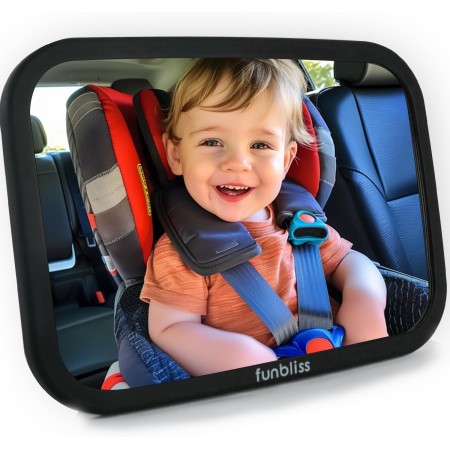 Funbliss Espejo Coche Bebe,Espejo Coche Bebe Asiento Trasero,Con Vclara y Amplia, Instalación Rápida,360° Rotación,Vidrio