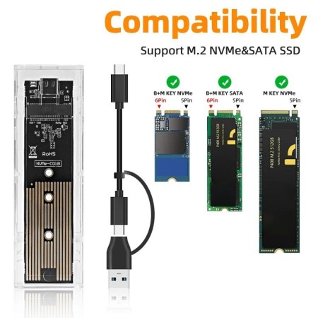 M.2 NVME PCIe NGFF SATA protocolo Dual SSD carcasa transparente USB ti