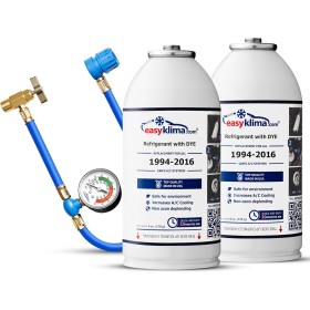 Kit EasyKlima® 3 en 1 con doble refrigerante R134a y manguera con manómetro. Rellena tú mismo el sistema de aire acondicionado