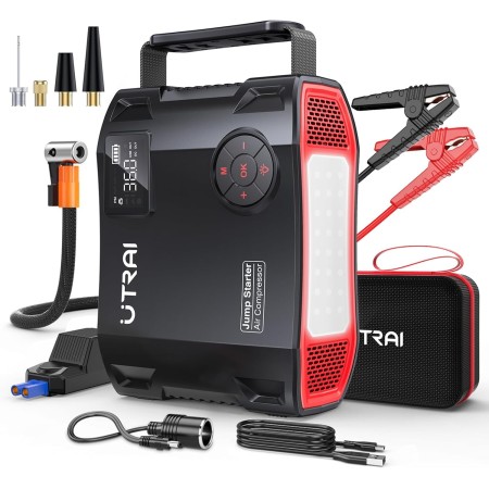 6500A 27000mAh Arrancador de Baterias de Coche con Compresor de Aire/18W Carga Rápida/Luz LED de 1600 lúmenes/160W DC
