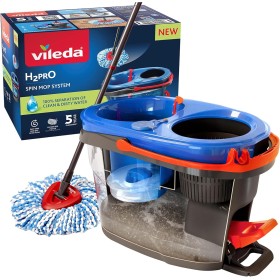 Vileda H2PrO Spin Sistema de mopa, Doble cámara de separación de Agua, Escurrido sin Esfuerzo, Limpieza con Microfibra, Manos