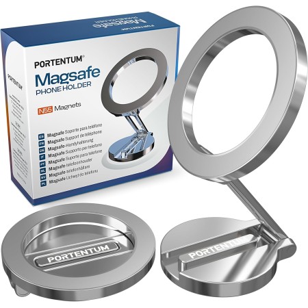 PORTENTUM Soporte Movil Coche Magsafe Plegable – con Potente Iman (20x N52) y Rotación 360° – para Salpicadero Oficina u Otras