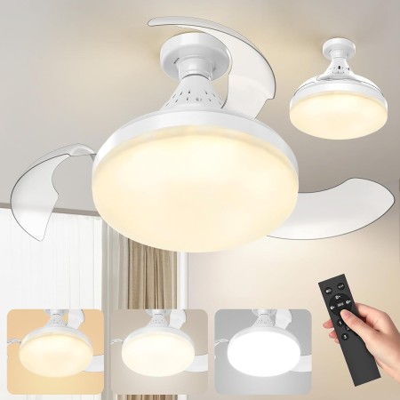 Ventilador de Techo con Luz LED Regulable y Control Remoto, Ventilador Techo Aspas Retráctiles, 4 Velocidades, Base E27,