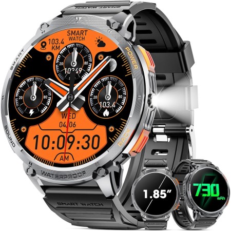 mingwear Militar Reloj Inteligente Hombre 1.85" Pantalla Táctil HD, Batería 730mAh,Linterna LED, Llamadas Bluetooth