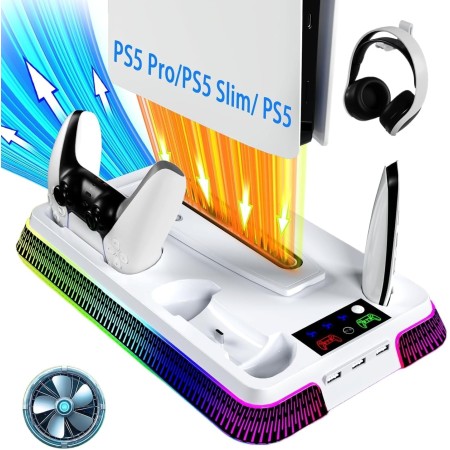 Gerbala Soporte PS5 para Playstation 5 Pro, Slim & Standard, Soporte Vertical PS5 con Cargador Mando y Ventilador de 3