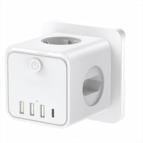 Cubo Enchufe 7 en 1，Ladron Enchufes Múltiple con 2 Europea y 1 Toma Schuko CA Regleta con 4 USB, Cubo Enchufe Multiple Pared con