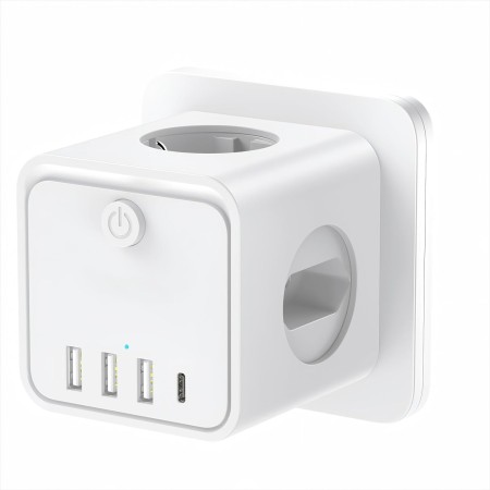Cubo Enchufe 7 en 1，Ladron Enchufes Múltiple con 2 Europea y 1 Toma Schuko CA Regleta con 4 USB, Cubo Enchufe Multiple Pared con