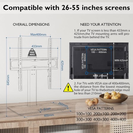BONTEC Soporte TV Pie para Pantallas de 26-55 Pulgadas LED/LCD/Plasma/Curva/Plana con Gestión de Cables, Soporte Mesa TV