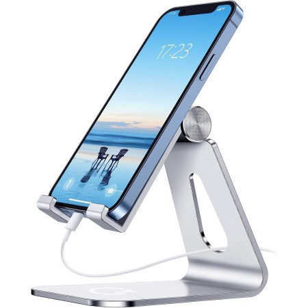 Gritin Soporte Móvil Mesa, Ajustable Soporte Móvil Soporte Dock Base Aleación de Aluminio para iPhone 15/14/13/12 /X / 8 Plus,