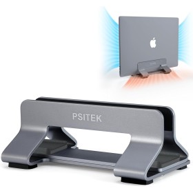 Psitek Soporte Vertical de Aluminio para Portátiles, Ancho de Ranura Ajustable 12-42mm, Almacenamiento Vertical Que Ahorra