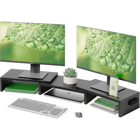 BONTEC Elevador Monitor de Madera para Doble Monitors, Soporte para Monitor Escritorio con Monitor Smartphone Holder, Madera