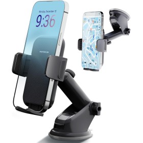 PORTENTUM Soporte Movil Coche, Soporte Universal para Parabrisas y Salpicadero con Ventosa de Gel Fuerte y Brazo Ajustable con