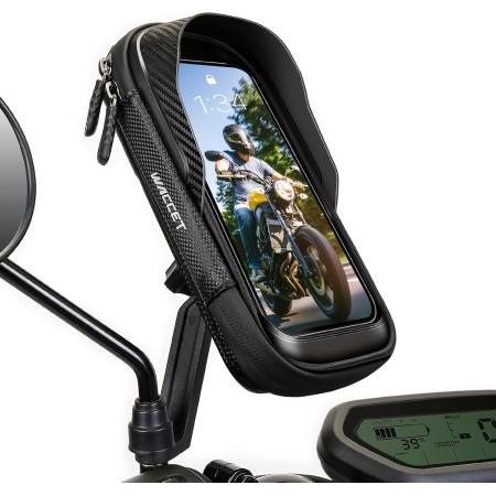 WACCET Soporte Movil Moto, Soporte Movil Scooter 360° Rotación Porta Móvil Moto Impermeable para Retrovisor con Pantalla Táctil
