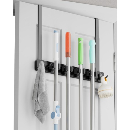 BS-VOG Colgador Escobas y Fregonas para Puerta, Colgador Escobas con 4 Estantes y 2 Ganchos, Soporte de Madera para Puerta en