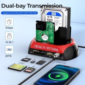 Estación de disco duro de doble bahía 10 en 1, USB 3,0, estación de ac