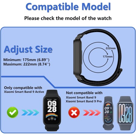 PaceBid Nailon Correa Compatible con Xiaomi Smart Band 9 Active(Mi Band 9 Active), Hombre Mujere Correa de Tela Elástica Solo
