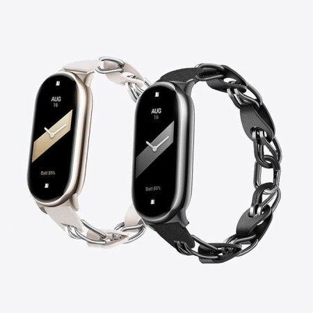PINHEN Compatible para Xiaomi Smart Band 8/9 Band,Correa de repuesto Anillo de acero inoxidable Cadena de cuero Miband 8