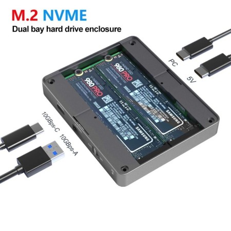 Carcasa Dual Bay NVMe SATA SSD M.2 caja de disco duro Dual NVMe 10Gbps