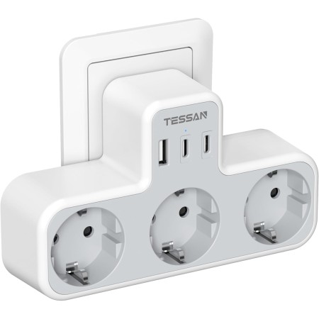 TESSAN Ladron Enchufes Plano con USB C, 6 en 1 Ladrón Enchufes Multiples USB, Triple Cargador Multiple 3600W, Regleta Pared para