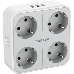 TESSAN Ladron Enchufes Plano con USB C, Enchufe Multiple 4 Schuko con 3 USB, Cargador Multiple 4000W, 7 en 1 Ladron con