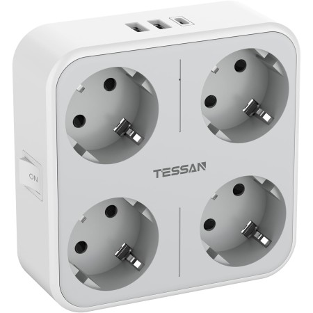 TESSAN Ladron Enchufes Plano con USB C, Enchufe Multiple 4 Schuko con 3 USB, Cargador Multiple 4000W, 7 en 1 Ladron con
