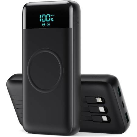 Bateria Externa Inalámbrico 26800mAh con 3 Cables, 7 en 1 Wireless Power Bank Carga Rápida 25W PD3.0+QC4.0, 6 Puertos Powerbank