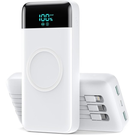 Bateria Externa Inalámbrico 26800mAh con 3 Cables, 7 en 1 Wireless Power Bank Carga Rápida 25W PD3.0+QC4.0, 6 Puertos Powerbank