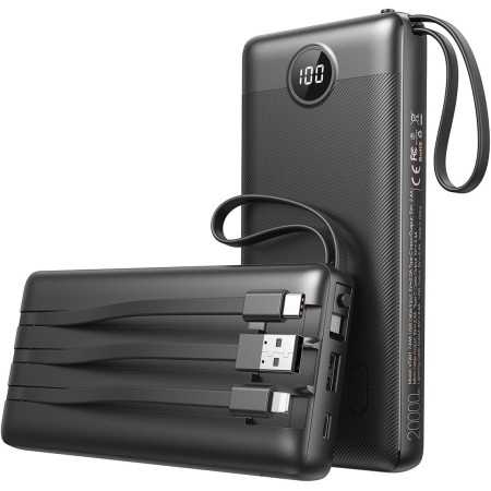 Power Bank 20000mAh con Cables Integrados, VEEKTOMX Bateria Externa Carga Rapida, Bateria Portatil Powerbank Viaje Cargador