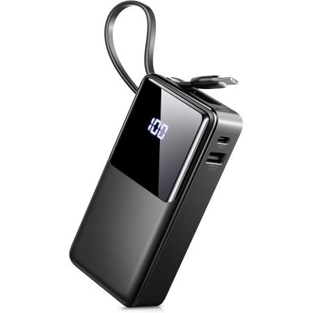 Power Bank 10000mAh, Batería Externa Carga Rapida 5V/3A Bateria Portatil Cable Integrado con Entrada y Salida USB C de Alta