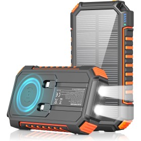 Cargador Solar Power Bank 27000mah - Riapow 22,5W Carga Rápida Batería Externa Inalámbrica con 2 Cables Integrado y Linternas,