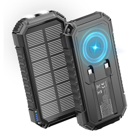 Cargador Solar Power Bank 27000mah - Riapow 22,5W Carga Rápida Batería Externa Inalámbrica con 2 Cables Integrado y Linternas,