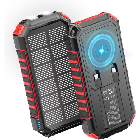 Cargador Solar Power Bank 27000mah - Riapow 22,5W Carga Rápida Batería Externa Inalámbrica con 2 Cables Integrado y Linternas,