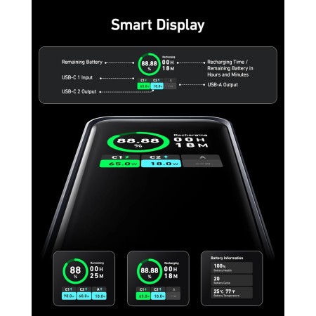 Anker Prime Power Bank, Cargador portátil de 20 000 mAh con Salida de 200 W, Pantalla Digital Inteligente, 2 Puertos USB-C y 1