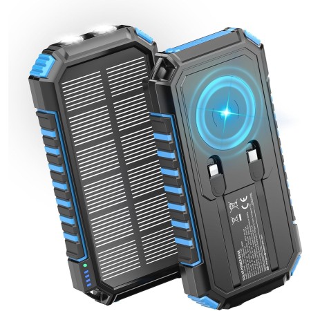 Cargador Solar Power Bank 27000mah - Riapow 22,5W Carga Rápida Batería Externa Inalámbrica con 2 Cables Integrado y Linternas,