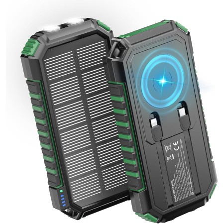 Cargador Solar Power Bank 27000mah - Riapow 22,5W Carga Rápida Batería Externa Inalámbrica con 2 Cables Integrado y Linternas,