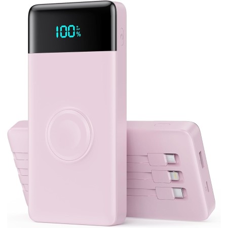 Power Bank 10800mAh con 3 Cables Integrados & Cargador para Apple Watch, 6-in-1 Bateria Externa PD 25W+QC4.0 USB C Carga Rapida