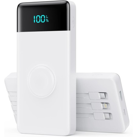 Power Bank 10800mAh con 3 Cables Integrados & Cargador para Apple Watch, 6-in-1 Bateria Externa PD 25W+QC4.0 USB C Carga Rapida