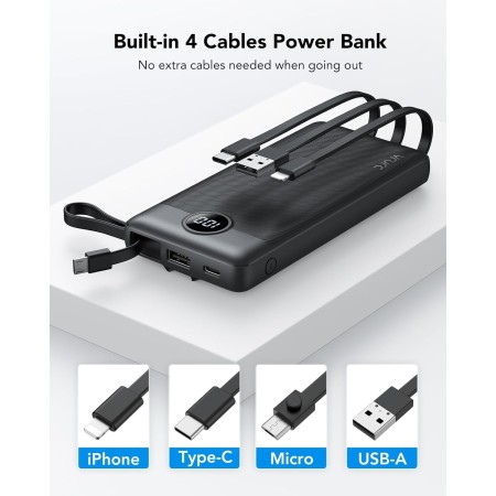 VRURC Power Bank 10000mAh con 4 Cables, Integrados Cargador portátil USB C Batería Externa portátil Pantalla LED Digital con 4