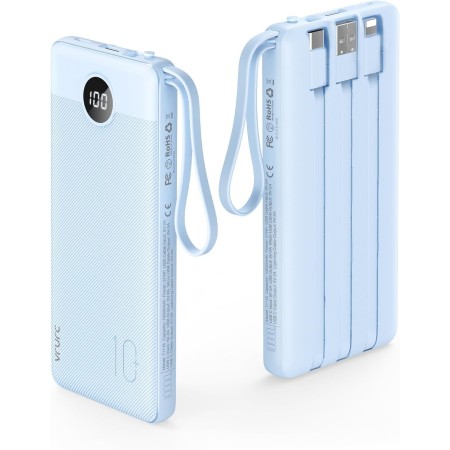 VRURC Power Bank 10000mAh con 4 Cables, Integrados Cargador portátil USB C Batería Externa portátil Pantalla LED Digital con 4