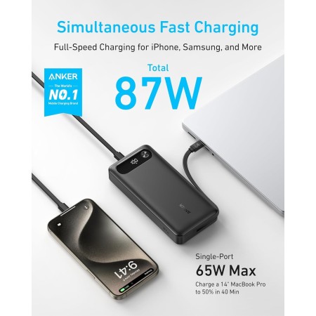 Anker Cargador portátil de 20.000 mAh con Cable USB C Integrado, batería de Carga rápida de 87 W, 2 USB-C, para MacBook, iPhone