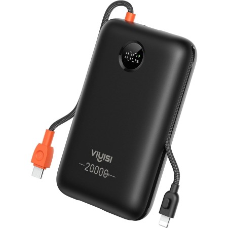 VIYISI Power Bank 30W Carga Ultra Rápida 20000 mAh,Batería Externa USB C con Cable Integrado,Batería Portátil Compacta