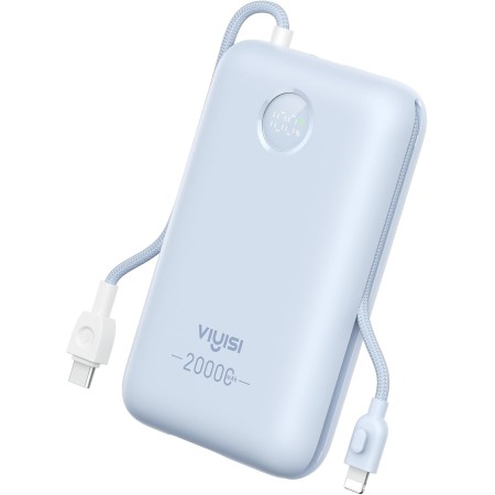 VIYISI Power Bank 30W Carga Ultra Rápida 20000 mAh,Batería Externa USB C con Cable Integrado,Batería Portátil Compacta